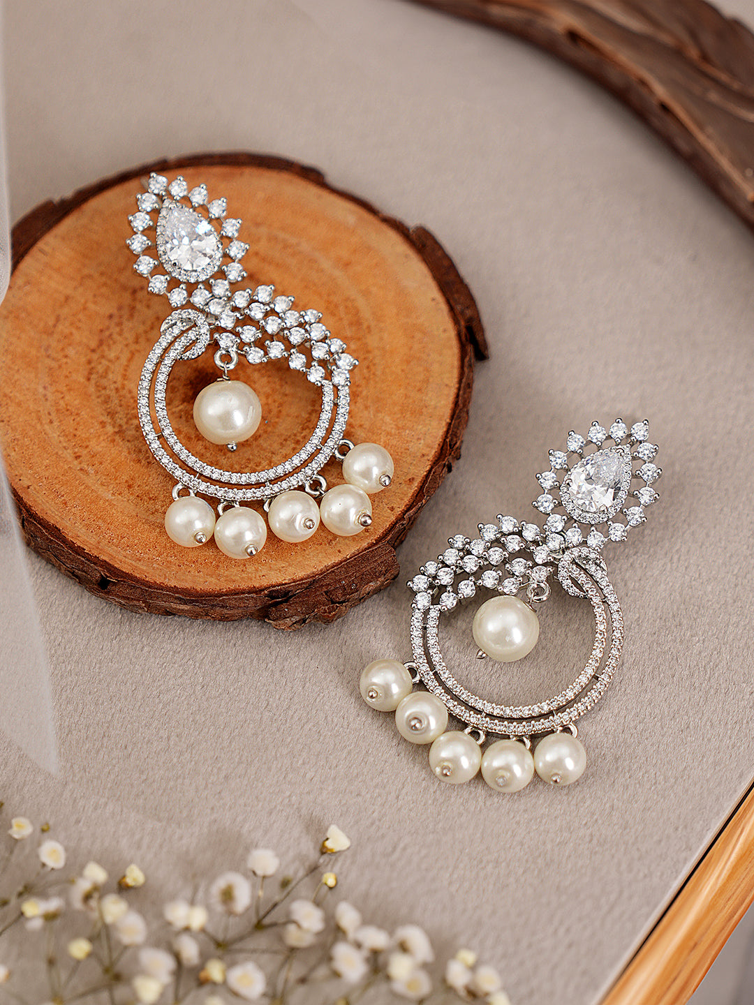 Silver Toned AD & Faux Pearl Studded Designer Chandelier Chandbali Dropdown Earrings